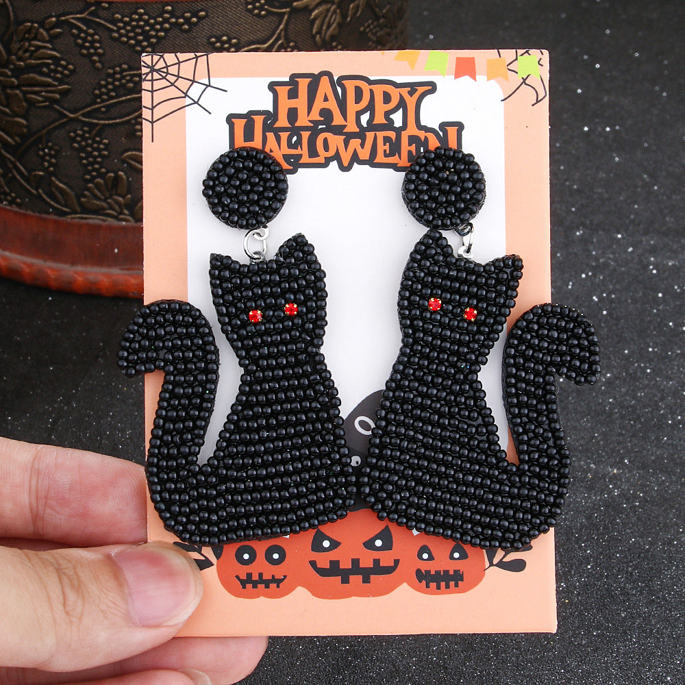 Wholesale Halloween Vintage Witch Hat Black Cat Demon Pumpkin Bat Beaded Earrings